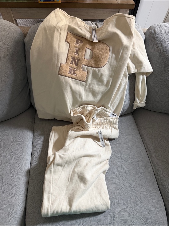 PINK Victoria's Secret Pants - PINK Victoria's Secret Cream Sweatshirt with Tan Appliqué P